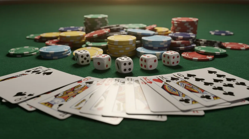 Billedet viser spillekort, terninger og pokerchips spredt ud over et grønt filtbord, der typisk ses i fysiske casinoer. Dette miljø indfanger stemningen fra klassiske bordspil, som ofte findes i både danske og udenlandske casinoer.